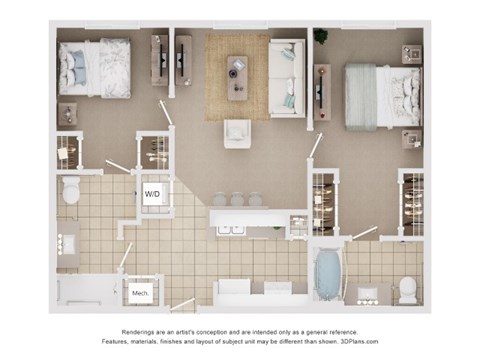 Floor plan for 2 beds, 2 baths, 840 sqft